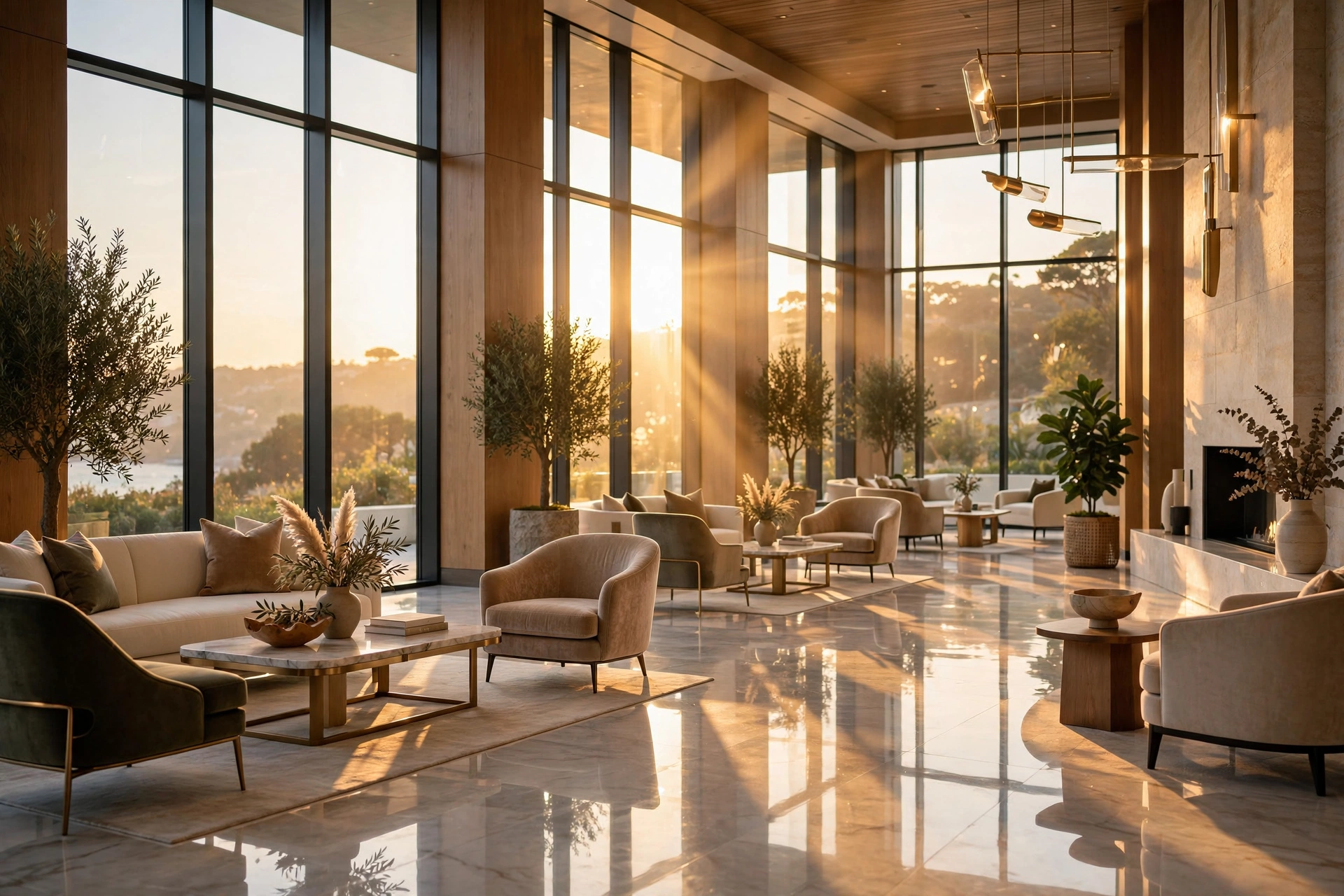 Luxury hotel lobby at golden hour — professional hospitality photography