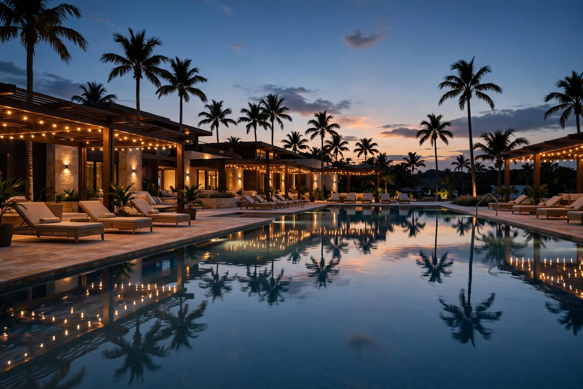 Luxury hotel resort pool at dusk — hospitality photography and video
