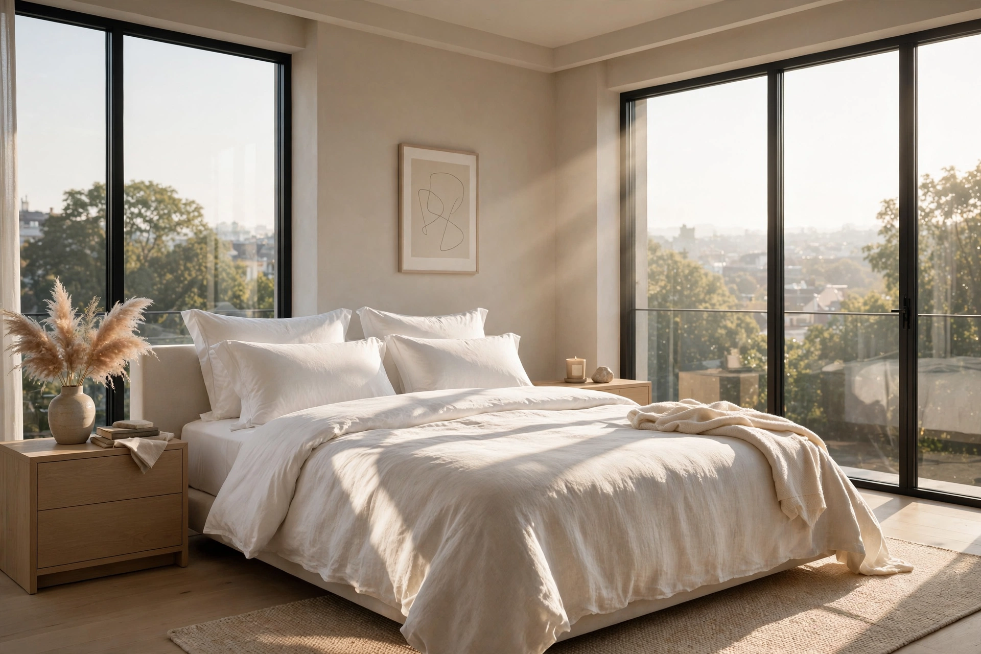 Luxury hotel bedroom in soft morning light — professional hotel photography