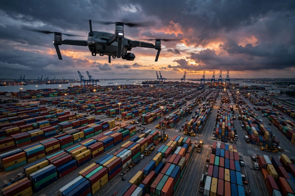Drone flying over a shipping container port at dusk — Part 107 certified drone pilots for logistics video production