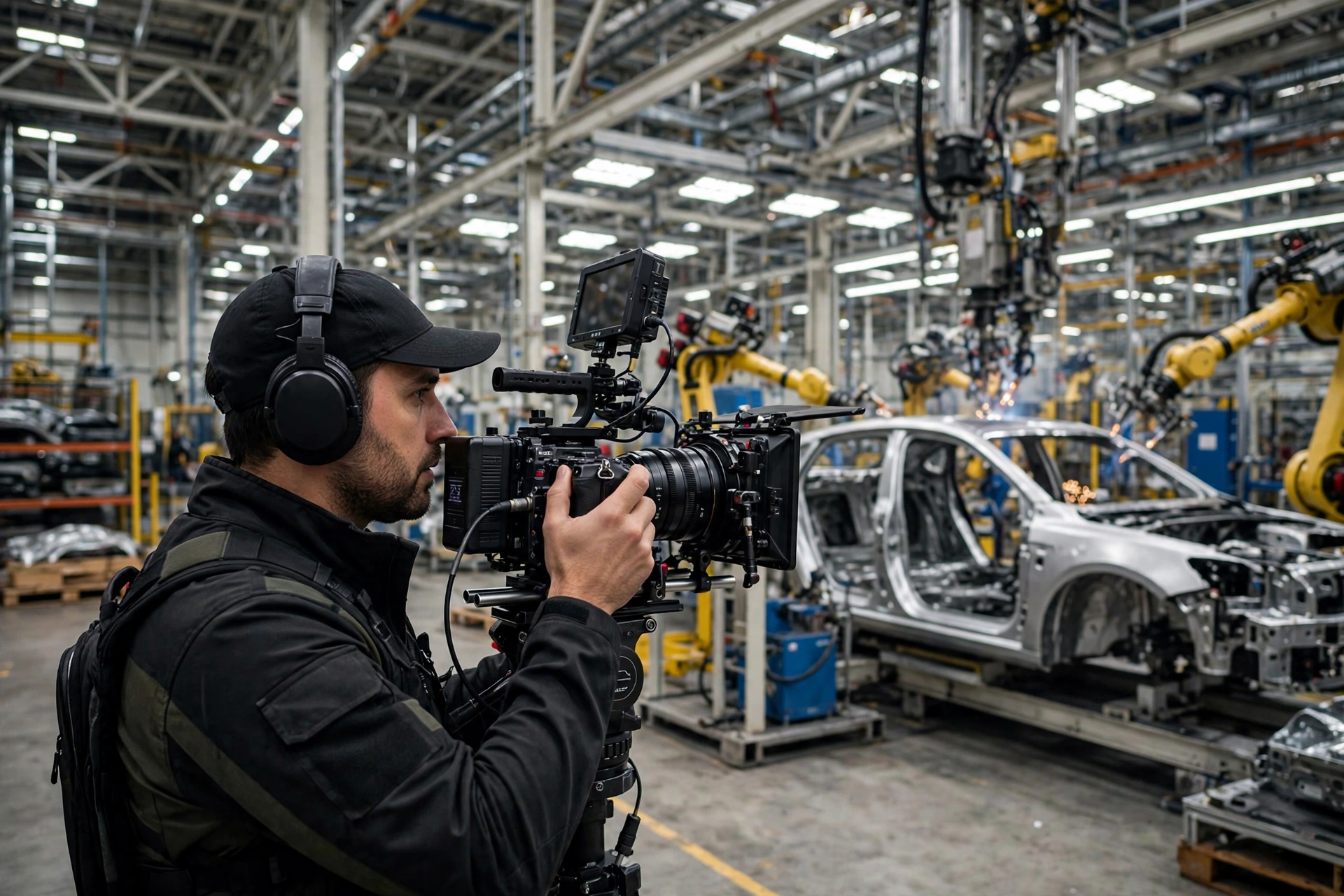 Video crew filming inside a new distribution center for the launch asset library