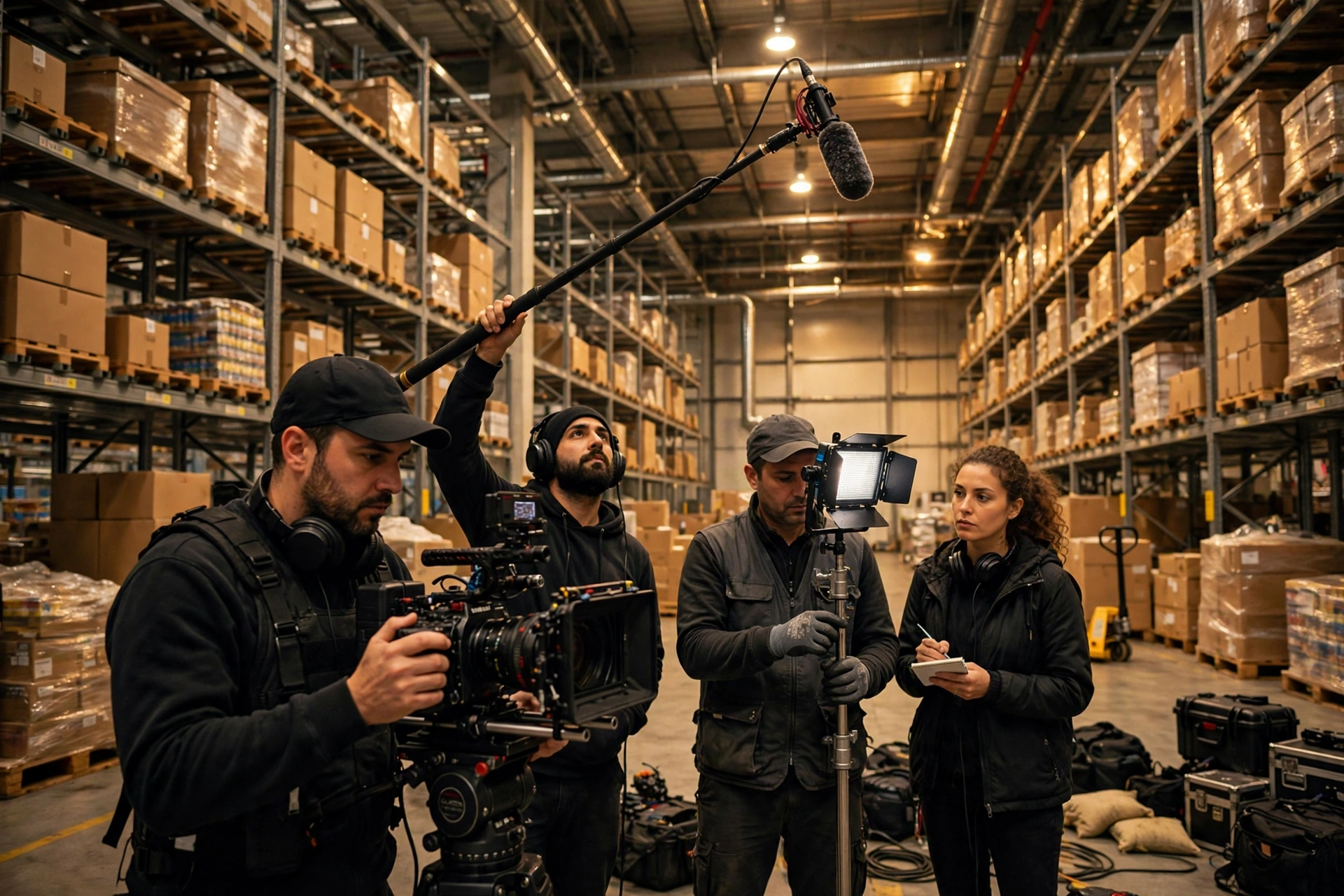 Video crew filming inside a warehouse, pairing drone photography for warehouses with ground-level coverage