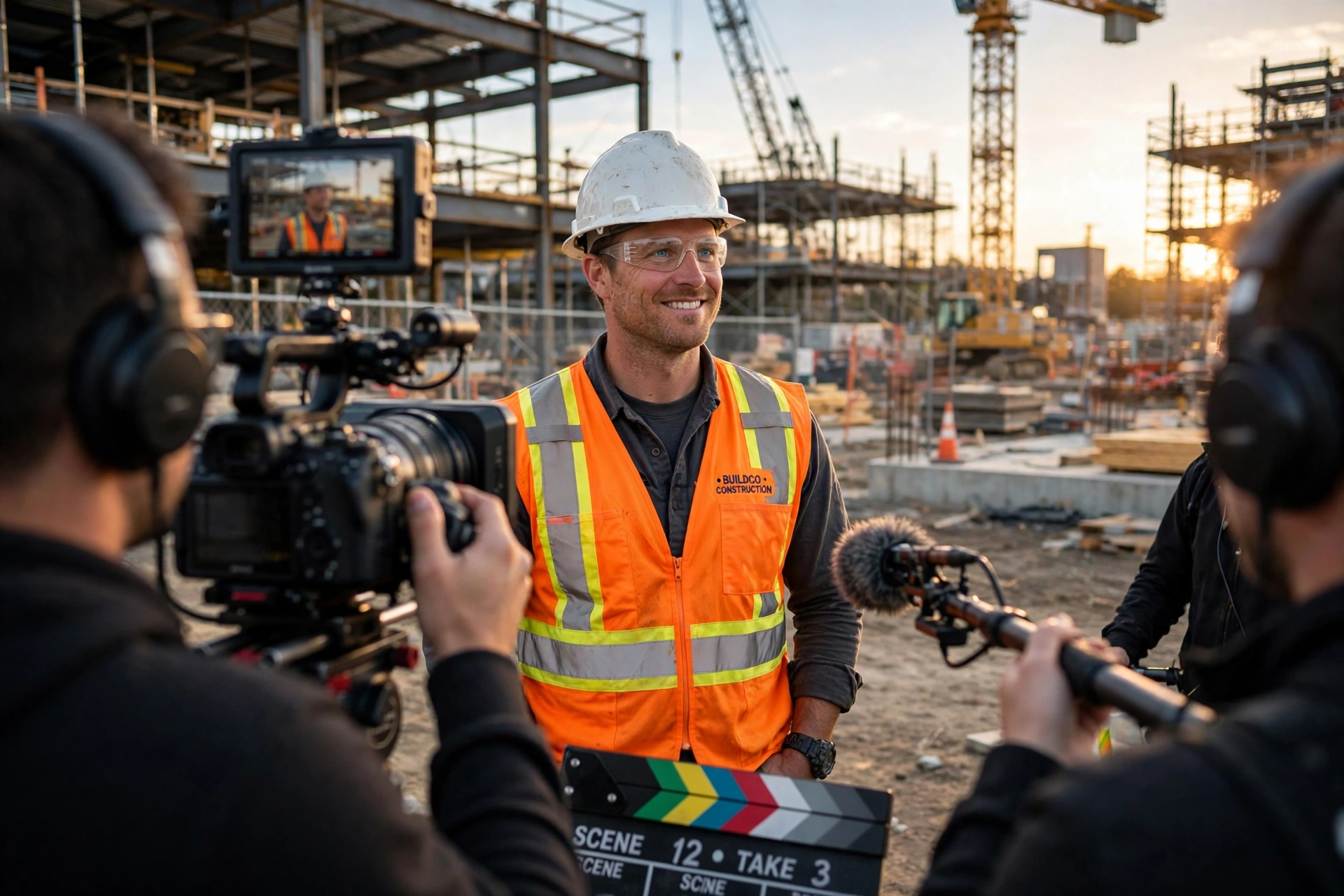 Construction worker being interviewed on camera at a jobsite — recruiting videos for construction companies