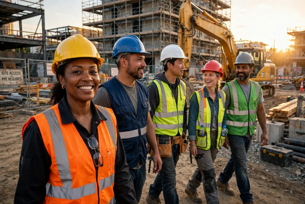 Confident construction crew walking across a jobsite — recruiting videos for construction companies
