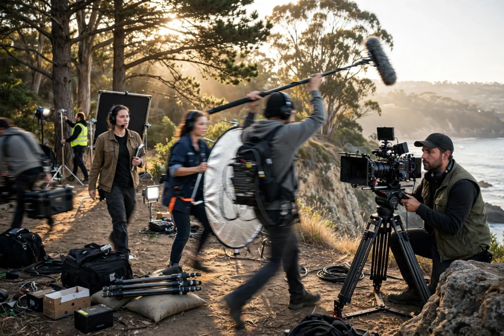 Video crew filming on location during a warehouse photo documentation shoot, pairing stills and video in a single shoot day