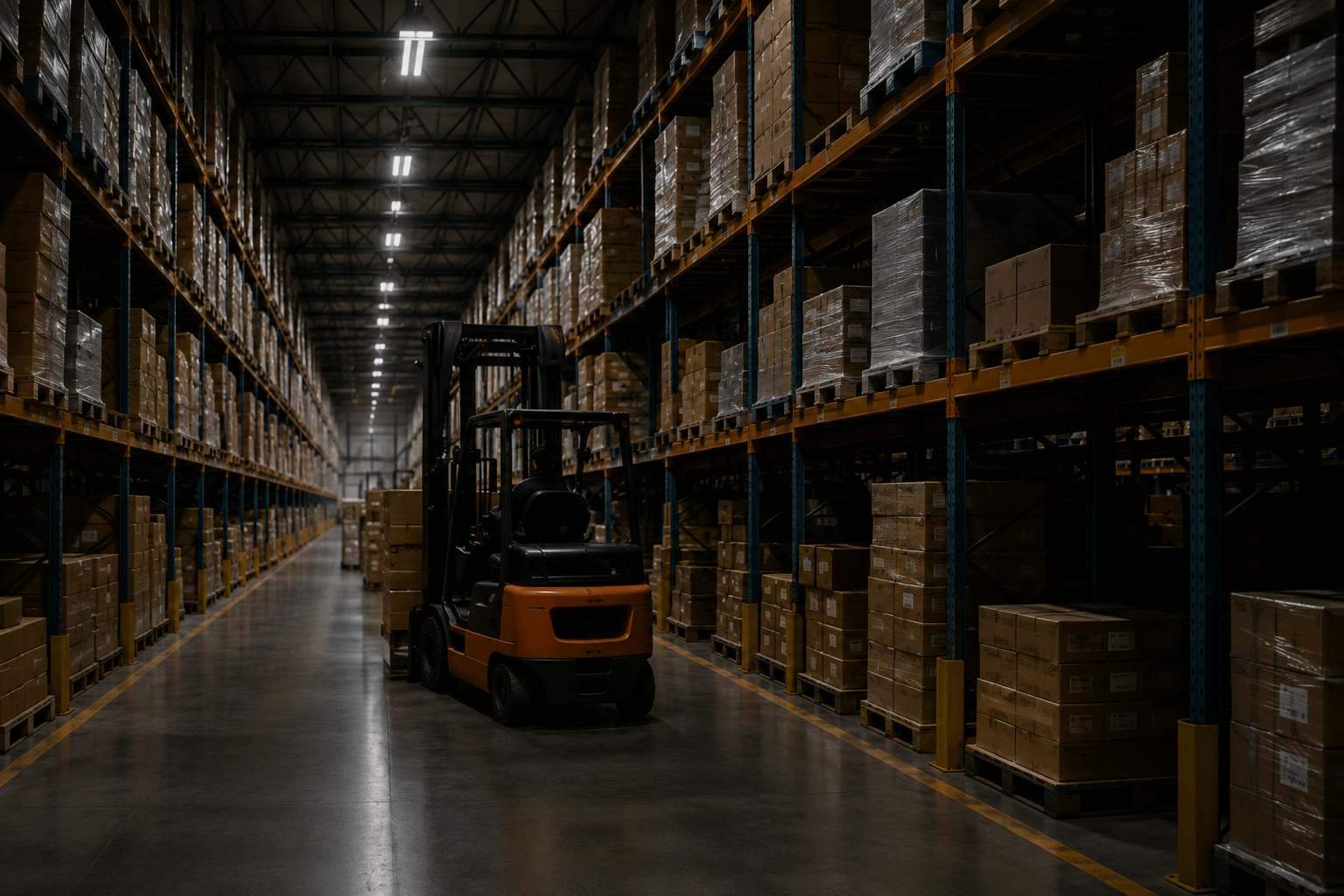 Forklift moving pallets through a warehouse aisle during a warehouse photo documentation shoot in Atlanta