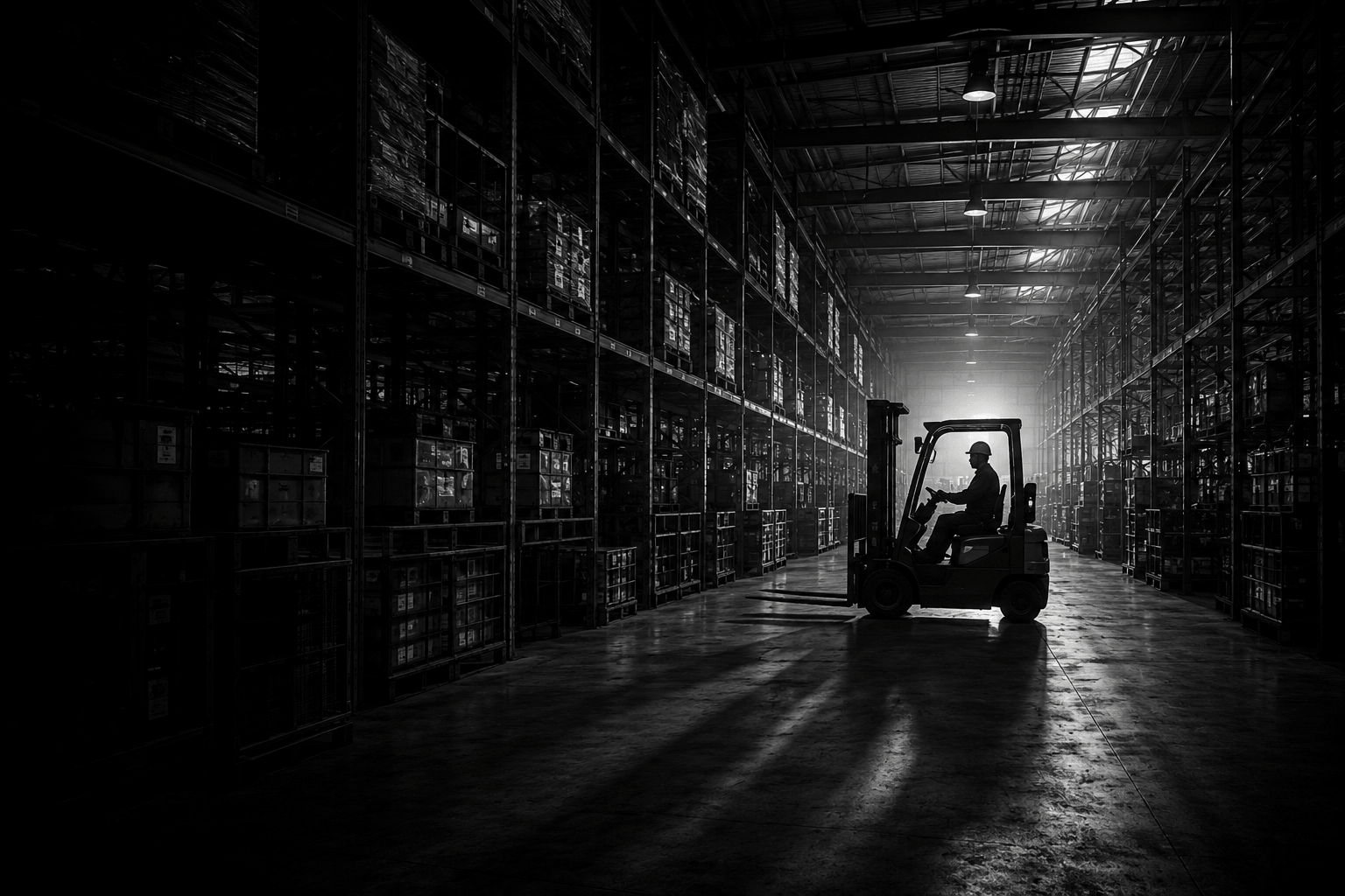Forklift moving pallets through a distribution center aisle during a facility video tour shoot