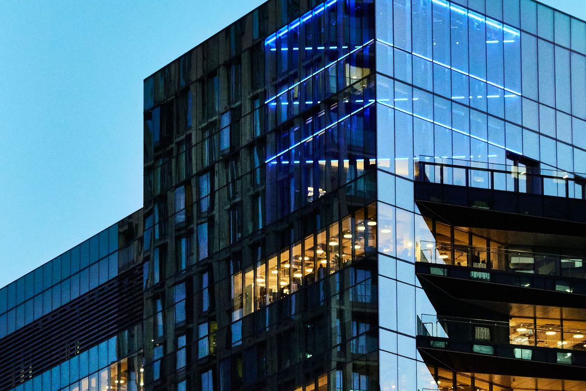 Completed commercial building filmed at the end of a time-lapse project