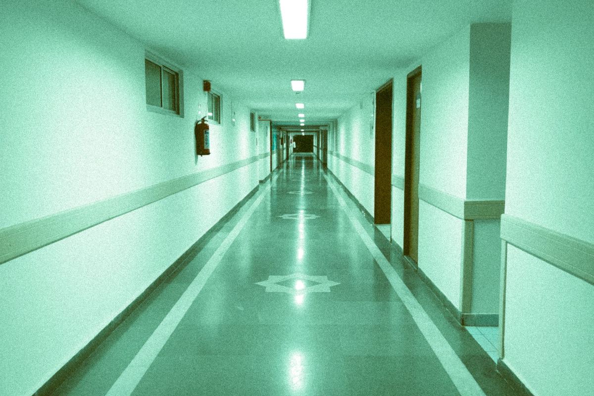 Hospital corridor photographed during a facility video tour