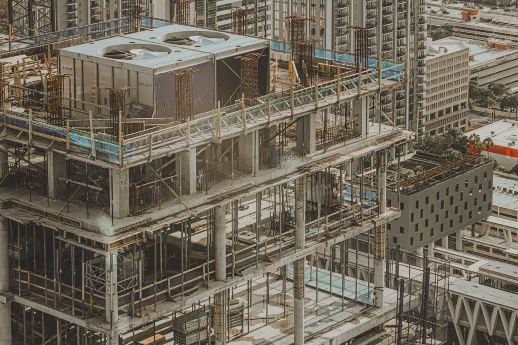 Aerial photograph of a building structure at a mid-project progress stage